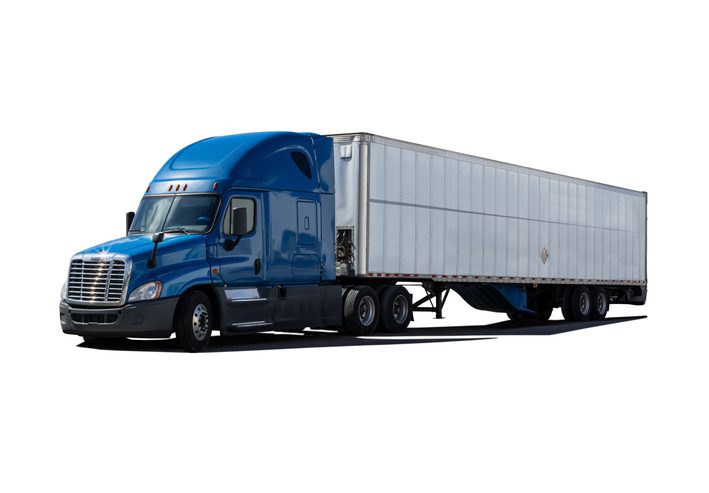 Blue semi truck with white trailer