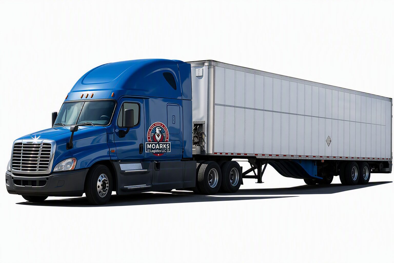 Blue Moarks logistics semi-truck and trailer