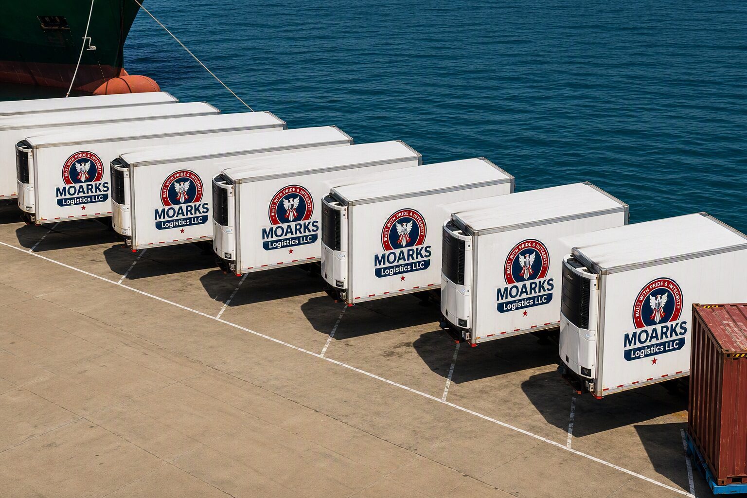 Line of refrigerated trailers at dockside