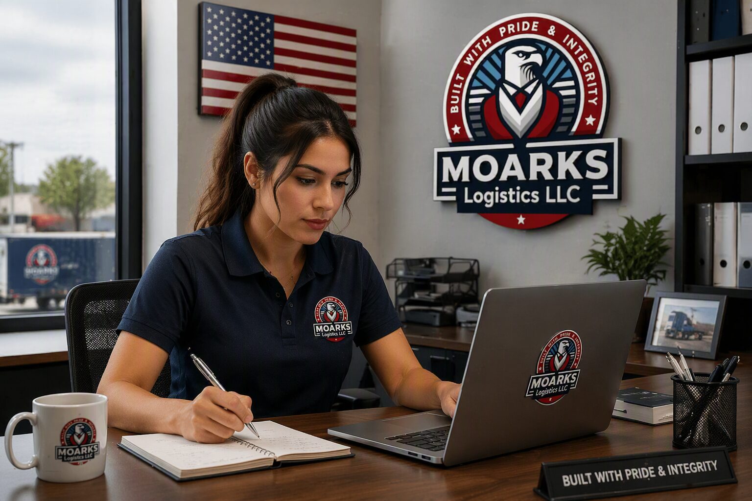 Woman writing notes at logistics office desk